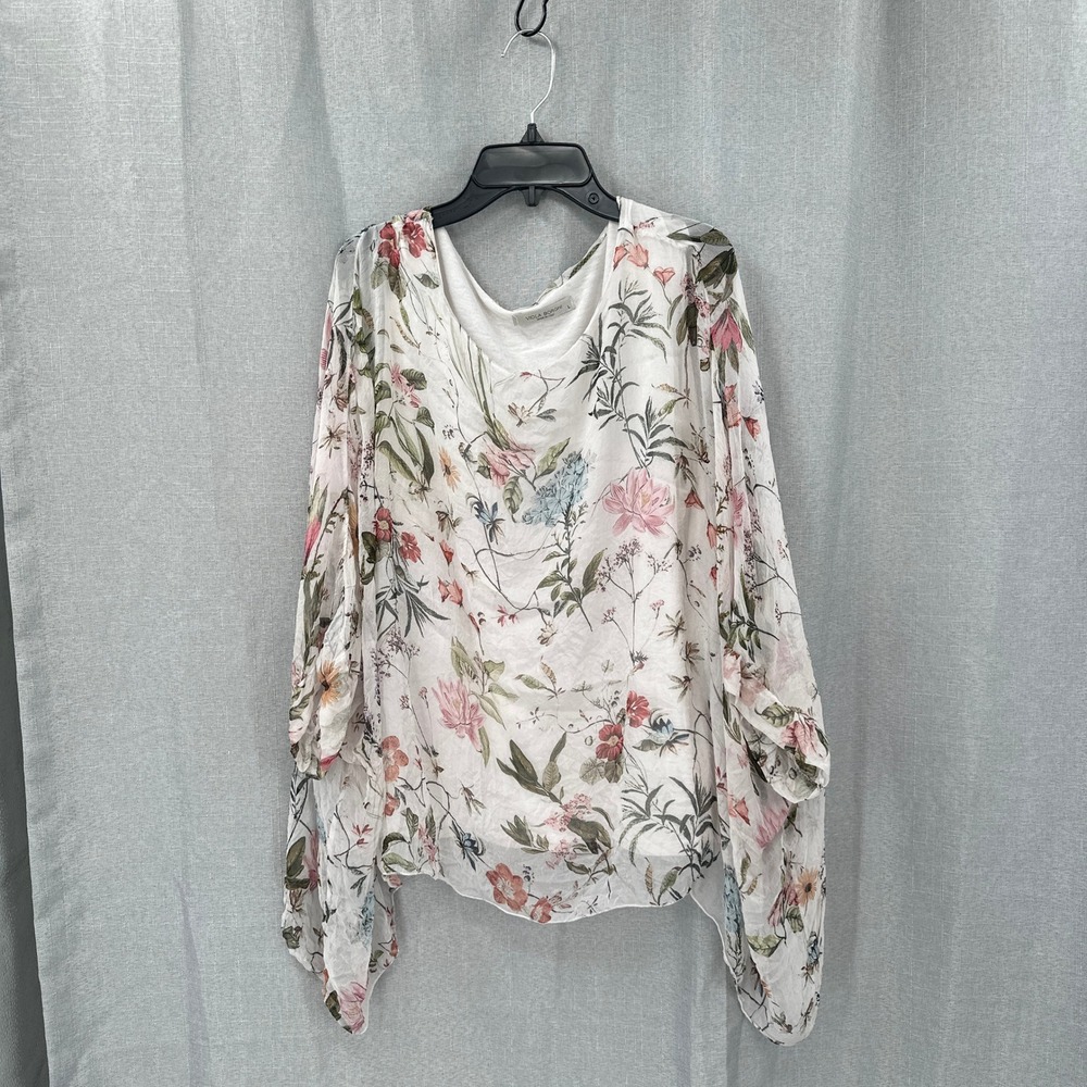 Viola Borghi Italy Floral Chiffon Overlay Tank Top White Large‎ Kimono * Sleeve
